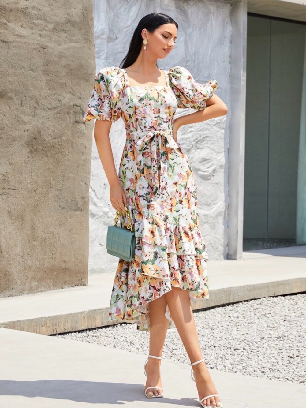 SHEIN White Floral Puff-Sleeve High-Low Midi Dress